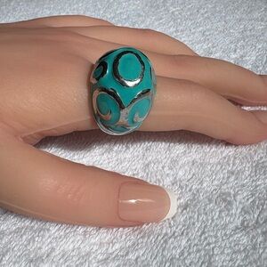 Bold Silver Tone & Enamel Teal Statement Ring, Size 8